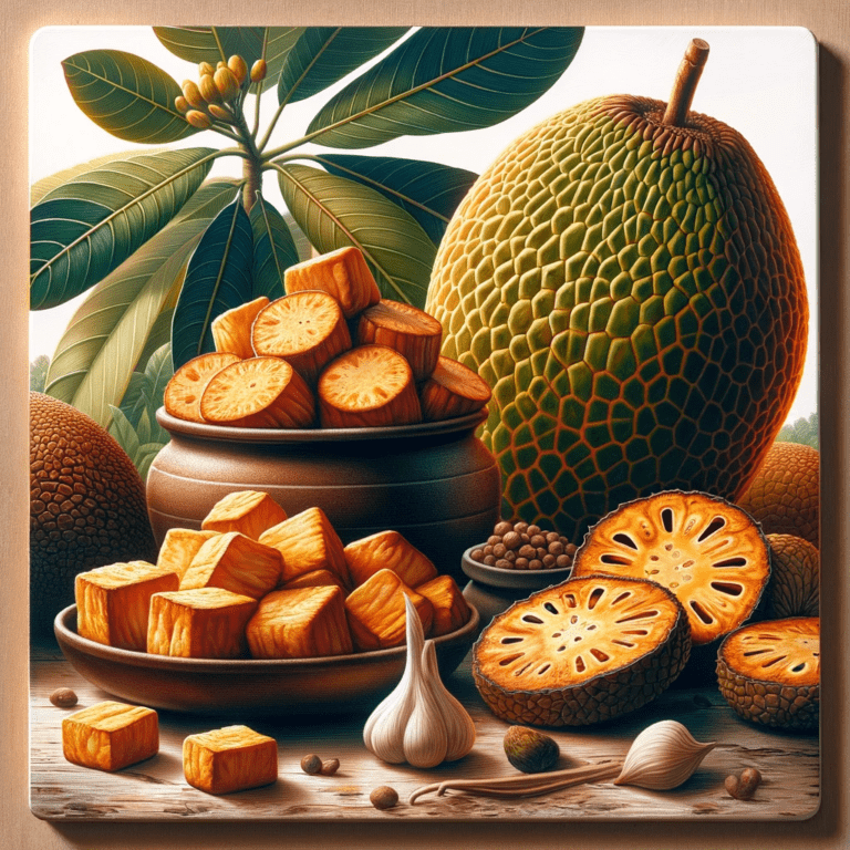 DALL·E 2024-01-27 12.56.53 - A square image showcasing roasted breadfruit and tostones made from breadfruit