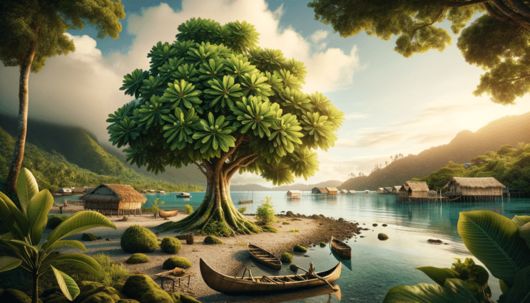 DALL·E 2024-01-30 20.25.01 - A serene landscape in the South Seas, showcasing a lush breadfruit tree with broad, green leaves