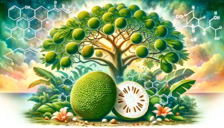 DALL·E 2024-02-02 21.12.15 - A vibrant, detailed illustration depicting a breadfruit tree (Artocarpus altilis) in a lush, tropical setting