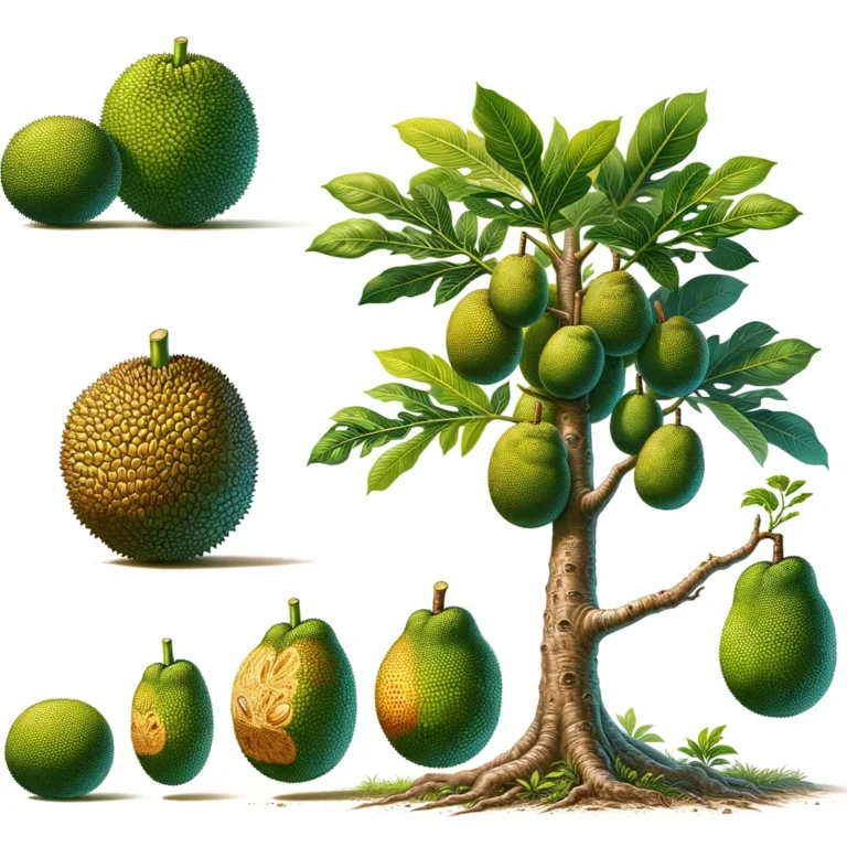 DALL·E 2024-02-08 10.55.21 - A realistic illustration of a breadfruit tree, showing breadfruit in different stages of ripeness