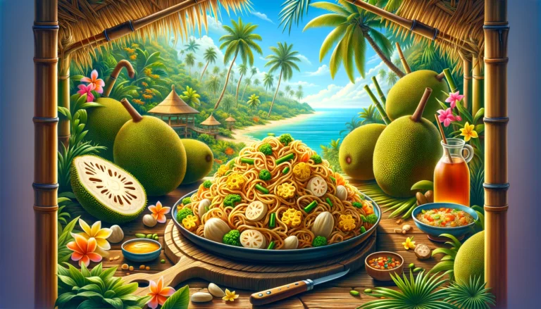 DALL·E 2024-02-16 09.43.59 - Create an image depicting a tropical setting with a focus on breadfruit fried rice, where breadfruit is prepared in noodle-like strands