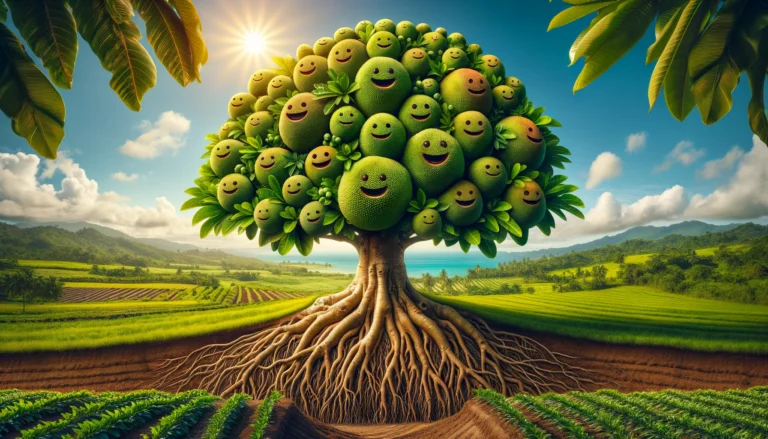 DALL·E 2024-02-18 11.12.19 - Design an image in a 16x9 format, showcasing a majestic and oversized breadfruit tree in the center, set in a vibrant, tropical landscape
