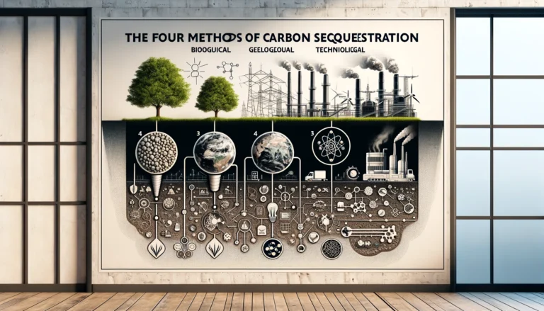 DALL·E 2024-02-20 19.30.30 - A digital representation of an article on carbon sequestration, showcasing the key methods_ Biological, Geological, Technological, and Industrial