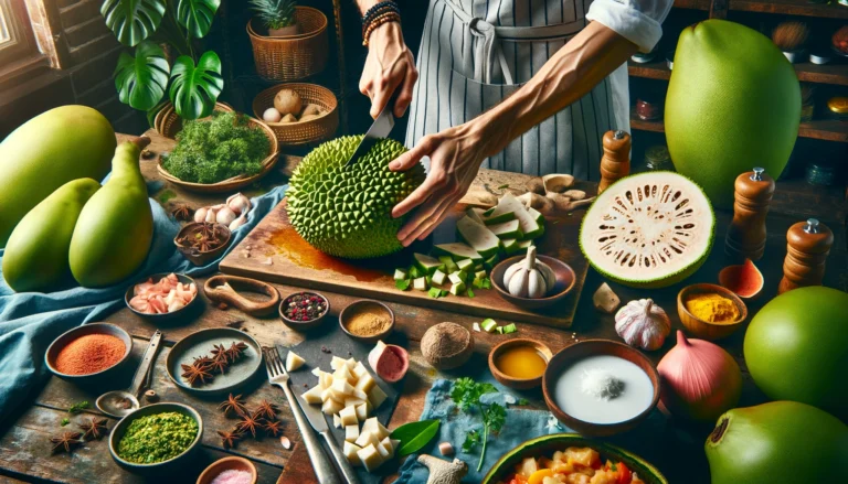 DALL·E 2024-02-24 10.46.29 - A vibrant kitchen scene showcasing the preparation of a vegan breadfruit recipe