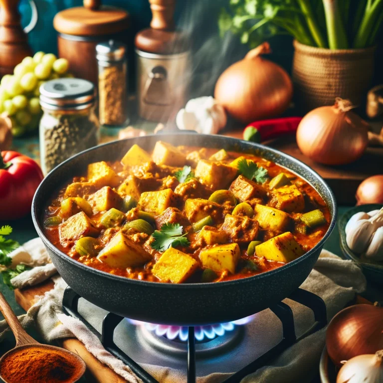 DALL·E 2024-03-04 16.36.43 - A vibrant and colorful kitchen scene showcasing a simmering pot of vegetarian curry breadfruit