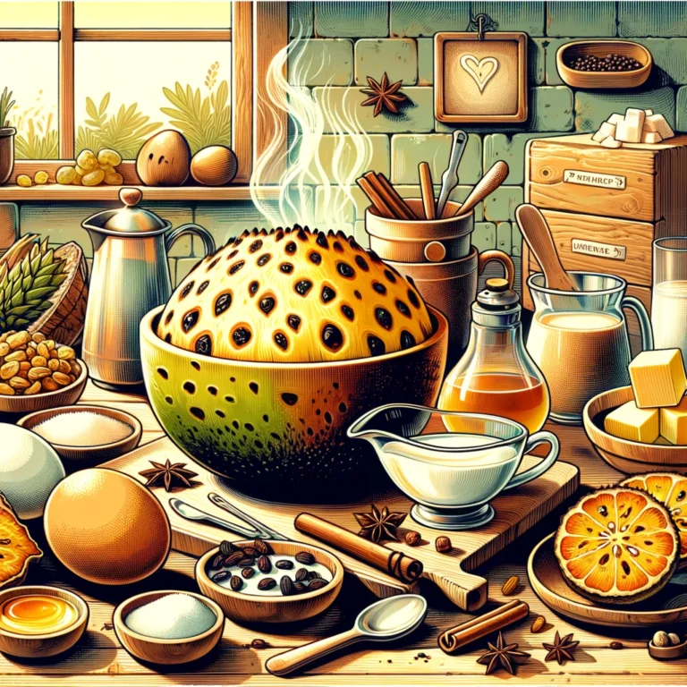 DALL·E 2024-03-07 11.15.39 - A creative, colorful illustration of a breadfruit pudding recipe. The image should depict a kitchen setting with a rustic wooden table