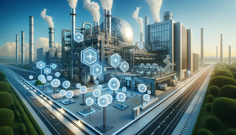 DALL·E 2024-03-10 09.50.31 - A modern industrial setting illustrating the use of nanotechnology in Carbon Capture and Storage (CCS)