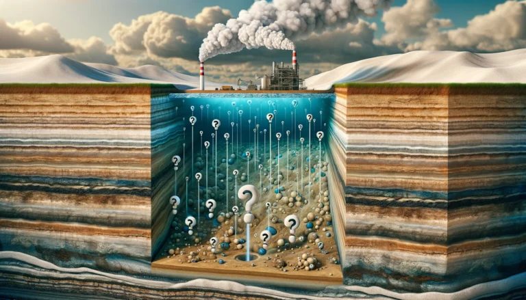DALL·E 2024-03-14 08.41.32 - An underground landscape showing layers of earth and rock with visible deep saline aquifers