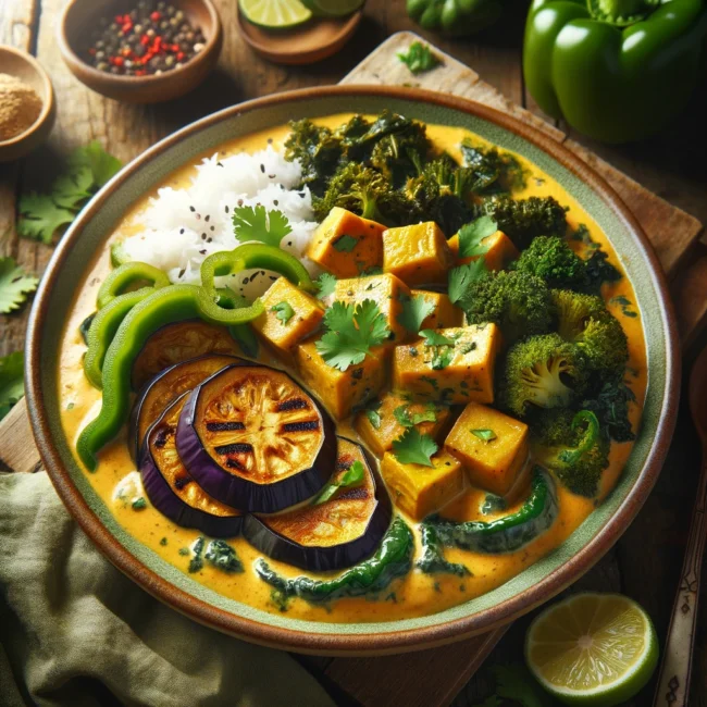 DALL·E 2024-03-14 11.30.48 - An appetizing serving of breadfruit curry with roasted eggplant on a plate, made with coconut milk, featuring sliced green bell pepper, kale, and garn