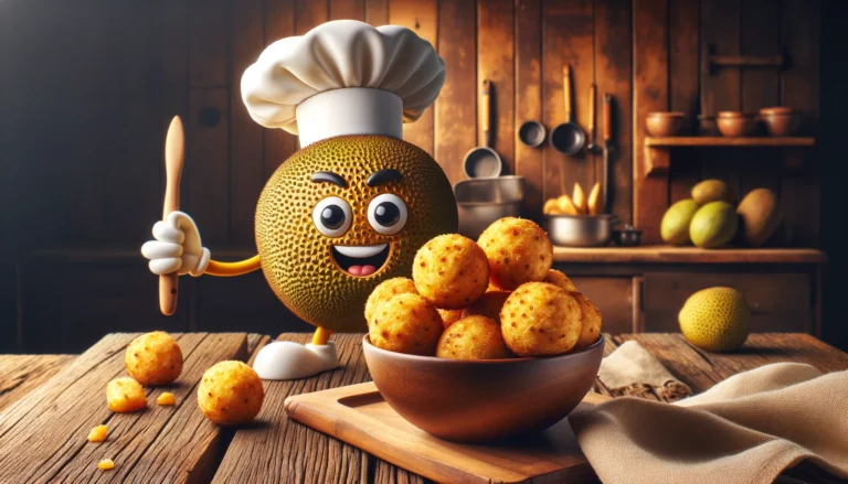 DALL·E 2024-03-24 08.52.14 - In a rustic kitchen setting, a wooden table with a bowl of golden, crispy breadfruit balls