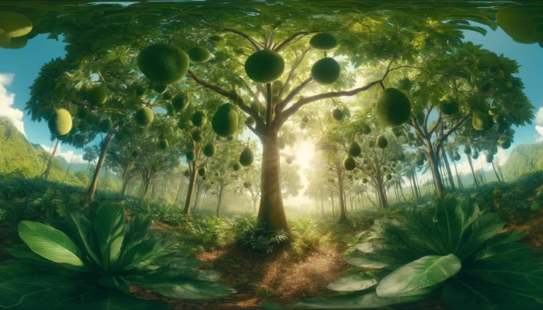 DALL·E 2024-04-03 10.31.32 - A panoramic scene of a lush, tropical breadfruit orchard. The trees are tall and leafy, with large, green breadfruit hanging amidst the foliage