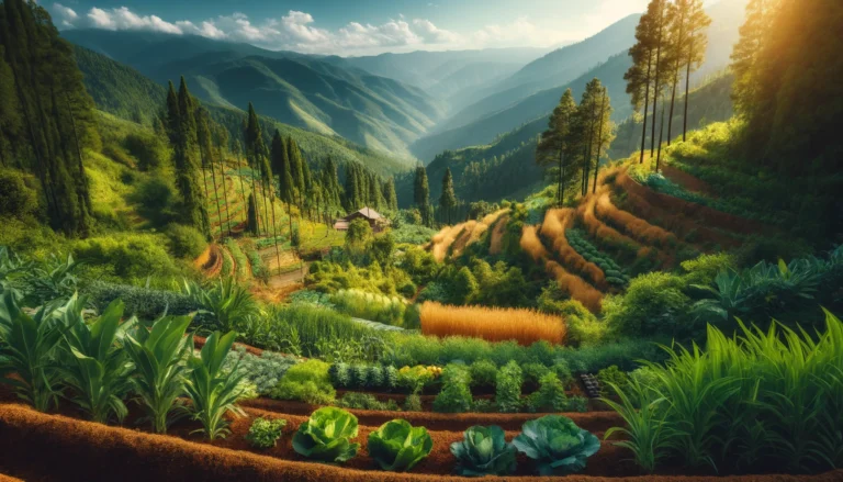 DALL·E 2024-04-28 20.13.47 - A picturesque agroforestry farm located on a mountainous terrain, showcasing a seamless integration of agricultural crops and forest trees