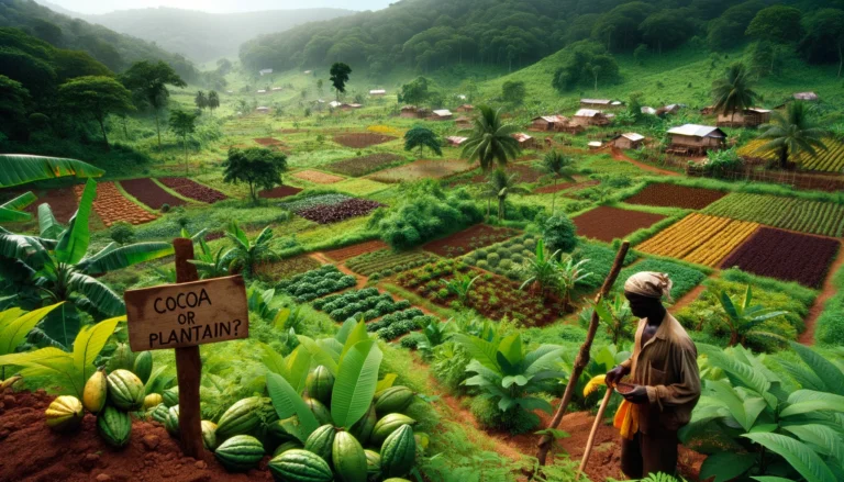 DALL·E 2024-06-01 14.24.07 - A lush agroforestry landscape in South West Cameroon, with a farmer tending to a diverse mix of crops, including plantains and cocoa plants