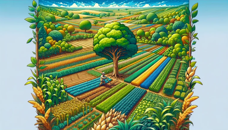DALL·E 2024-06-02 15.48.13 - A vibrant agroforestry landscape with a mix of crops and trees, showing sustainable farming practices and climate resilience