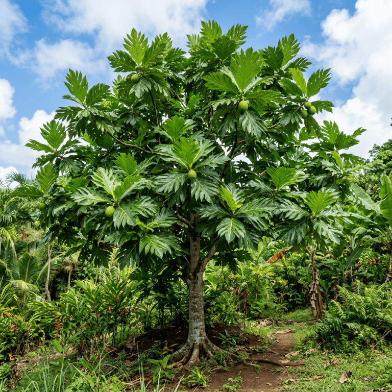 Breadfruit tree with large green leaves and unripe green fruits