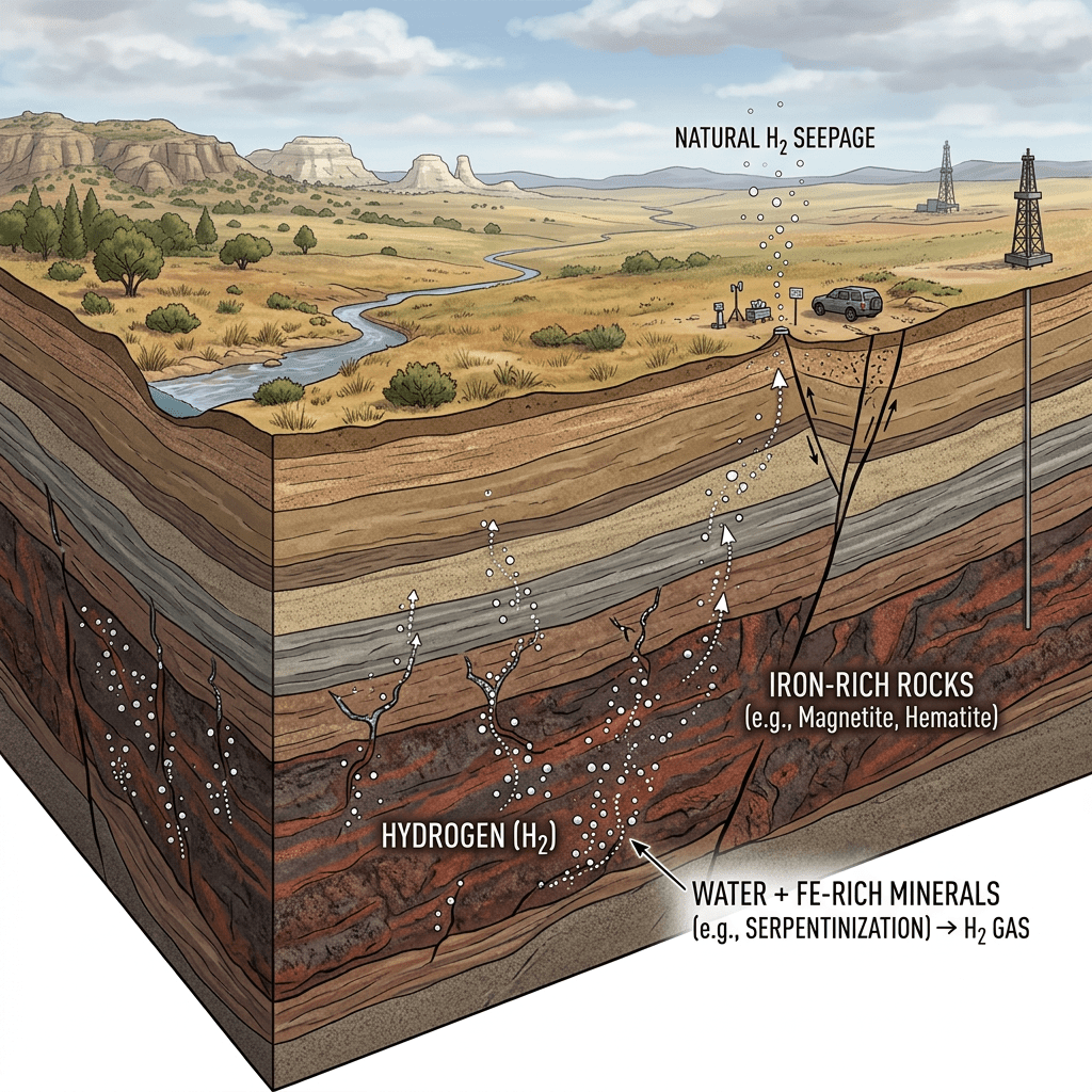 Cross-section of land showing natural hydrogen seepage from underground iron-rich rocks and minerals to surface.